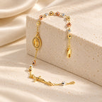 14K Gold-Plated Virgin Mary Rosary Bracelet – Adjustable Tricolor Beaded Cross Bracelet