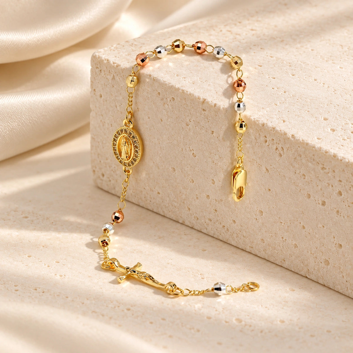 14K Gold-Plated Virgin Mary Rosary Bracelet – Adjustable Tricolor Beaded Cross Bracelet