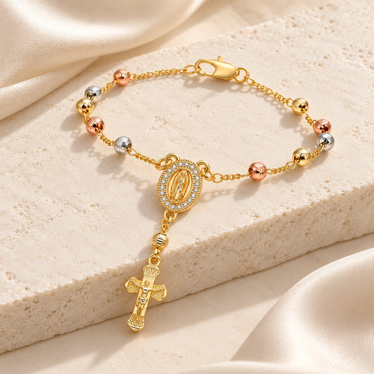 14K Gold-Plated Virgin Mary Rosary Bracelet – Adjustable Tricolor Beaded Cross Bracelet