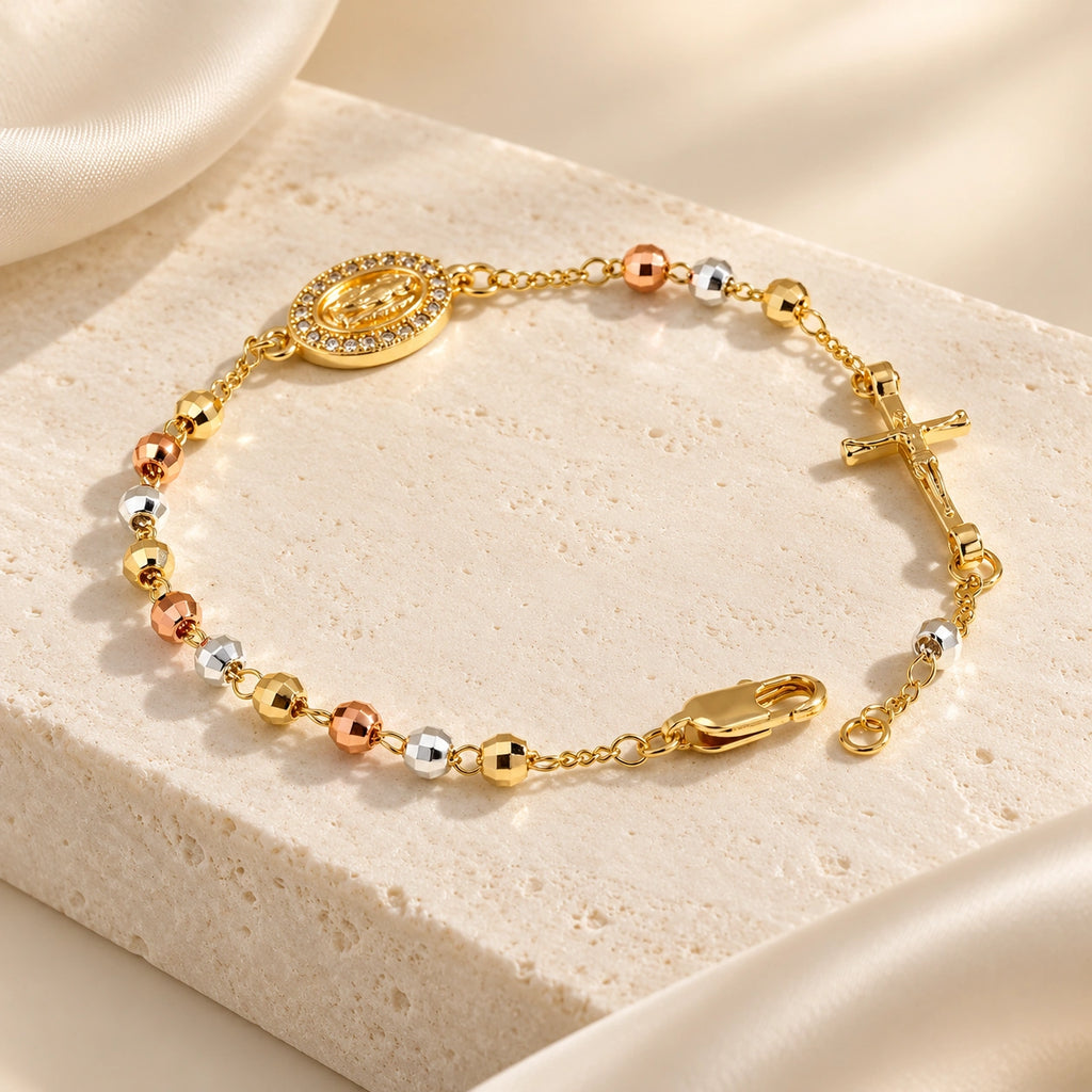 14K Gold-Plated Virgin Mary Rosary Bracelet – Adjustable Tricolor Beaded Cross Bracelet