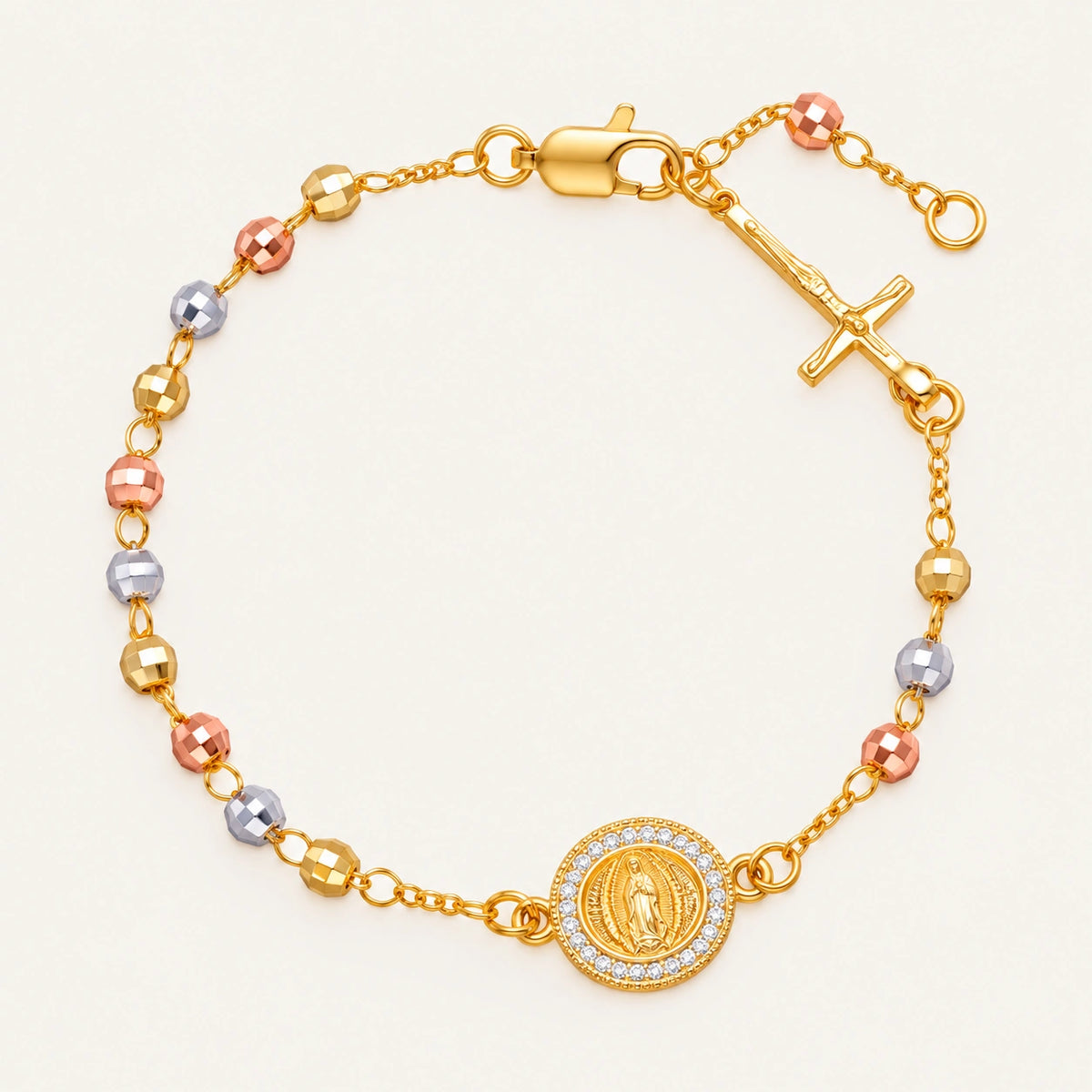 14K Gold-Plated Virgin Mary Rosary Bracelet – Adjustable Tricolor Beaded Cross Bracelet