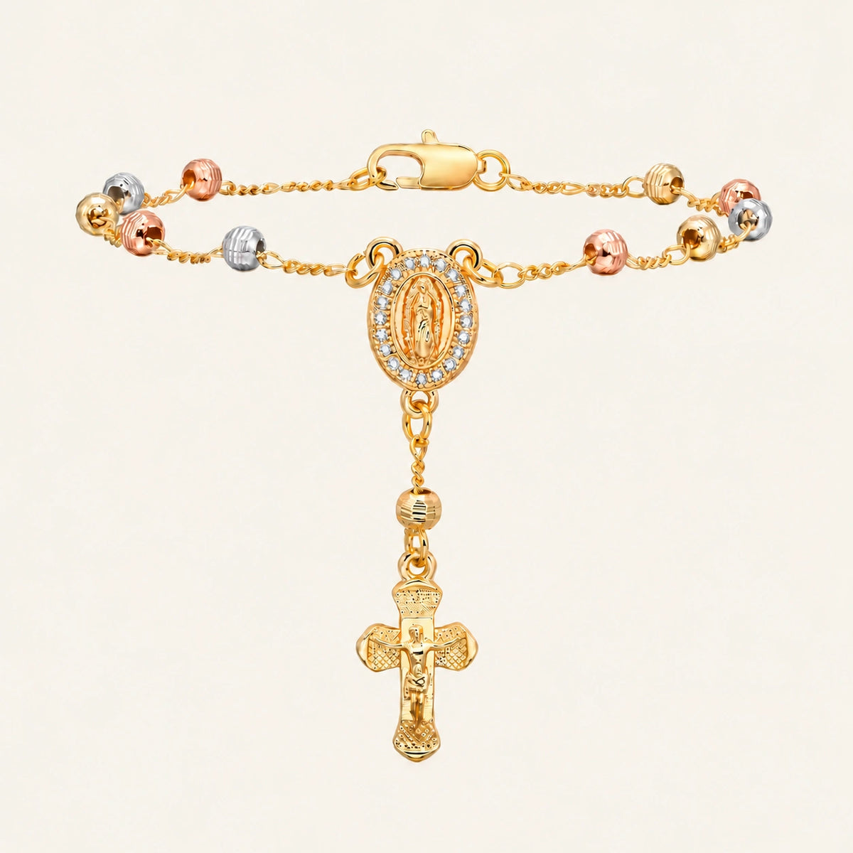 14K Gold-Plated Virgin Mary Rosary Bracelet – Adjustable Tricolor Beaded Cross Bracelet