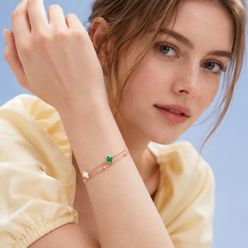 Rose Gold Four Leaf Clover Bracelet with Malachite & Mother of Pearl — Lucky Charm Adjustable Bracelet for Women