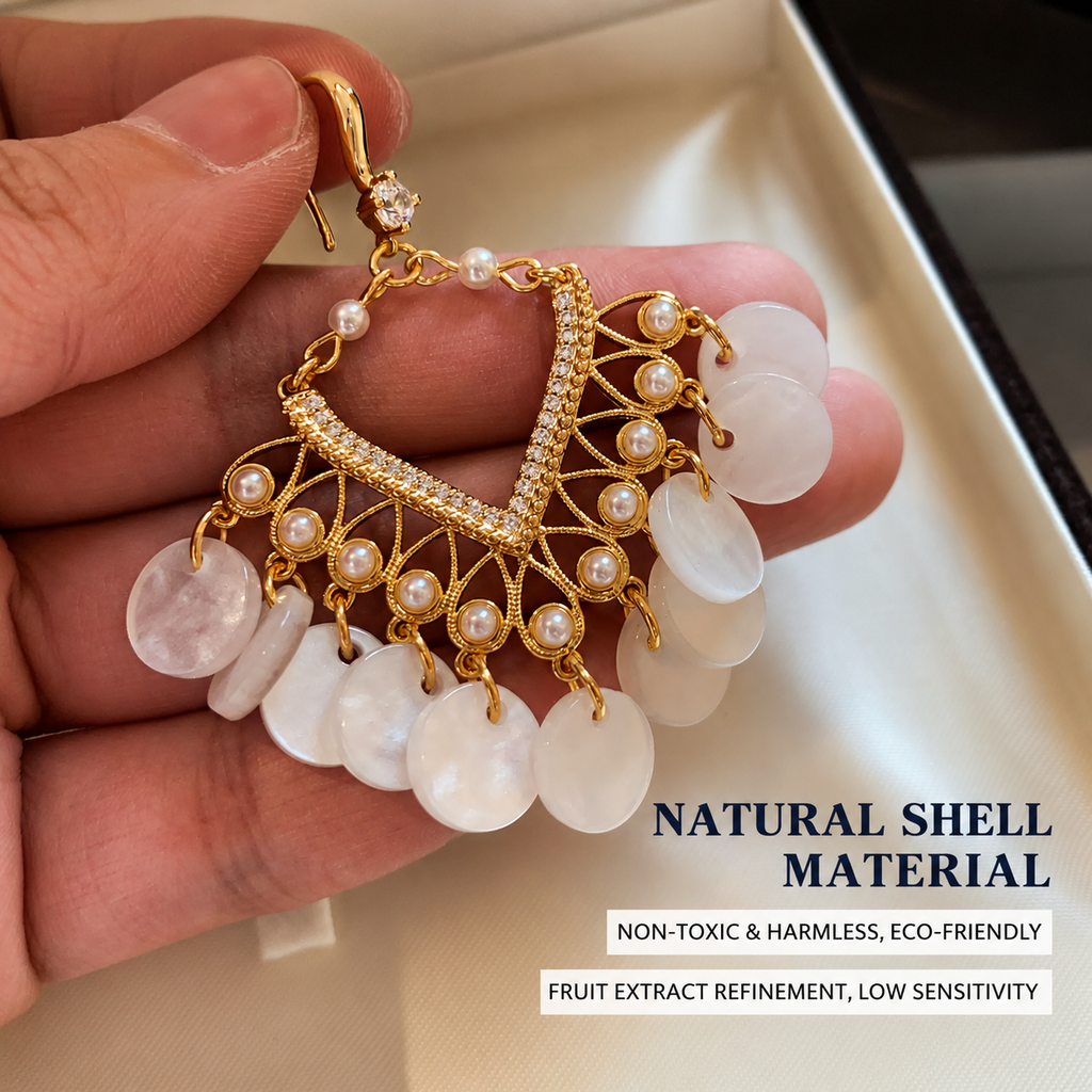 Elegant Vintage Shell Tassel Earrings with Pearl Accents and Sparkling Crystal Details
