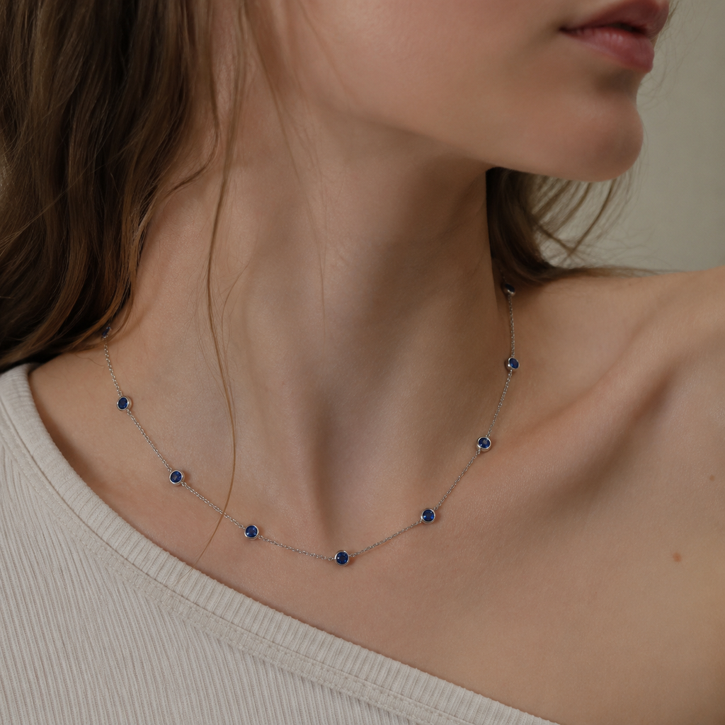Sterling Silver Blue Sapphire Necklace – 8-Stone Round Cut Pendant with Lobster Clasp