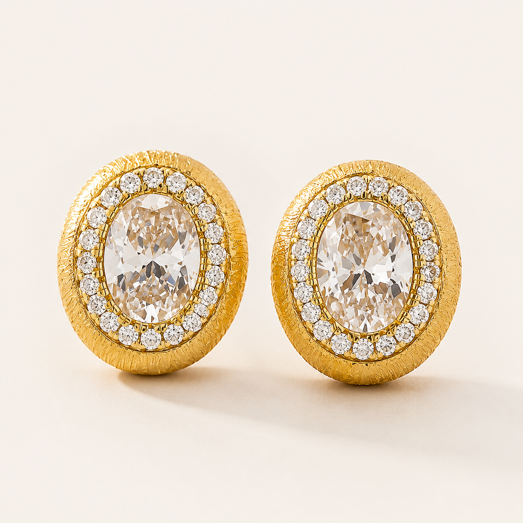 Starlight Aura Elegant Oval Gold Stud Earrings with Zircon Halo – 925 Sterling Silver