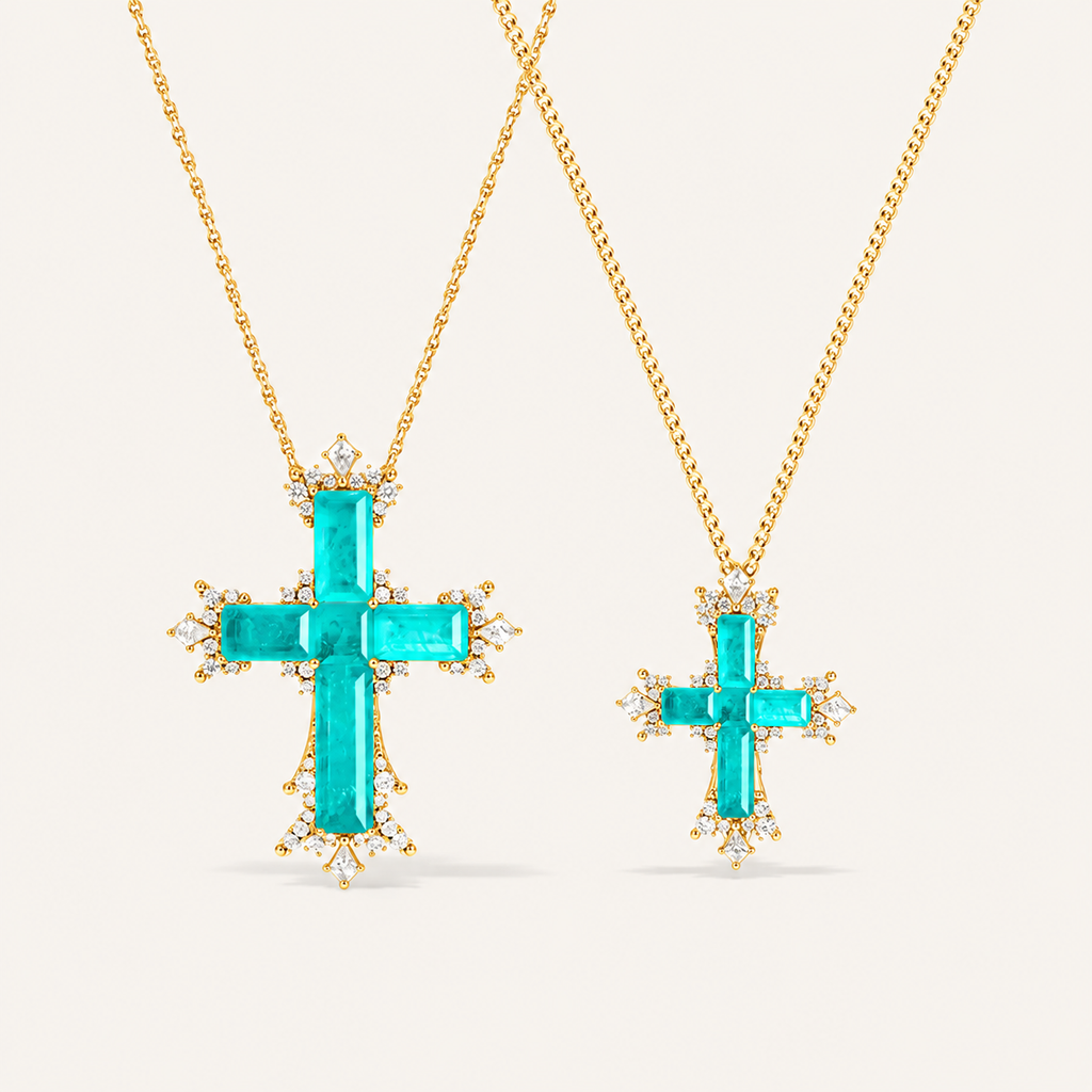 Luxury Paraiba Cross Necklace with Gold Chain and Sparkling Cubic Zirconia Accents