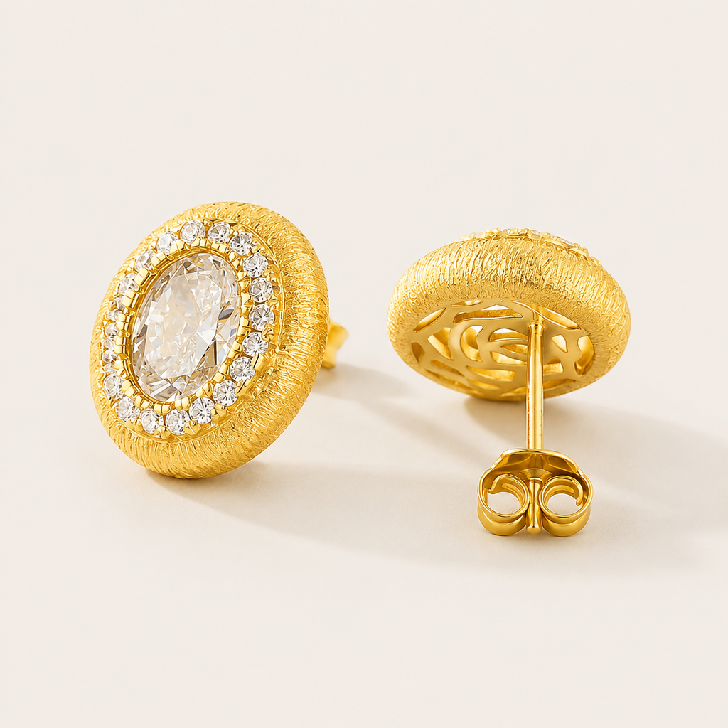 Starlight Aura Elegant Oval Gold Stud Earrings with Zircon Halo – 925 Sterling Silver