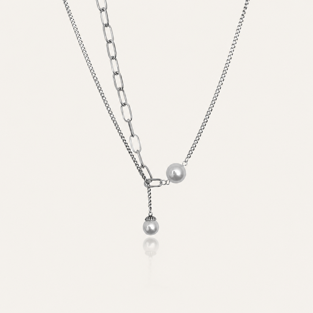 Dual-Layer Chain Pearl Pendant Necklace – Asymmetric Y-Shape Design with Freshwater Pearl