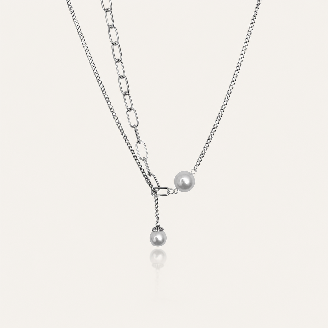 Dual-Layer Chain Pearl Pendant Necklace – Asymmetric Y-Shape Design with Freshwater Pearl