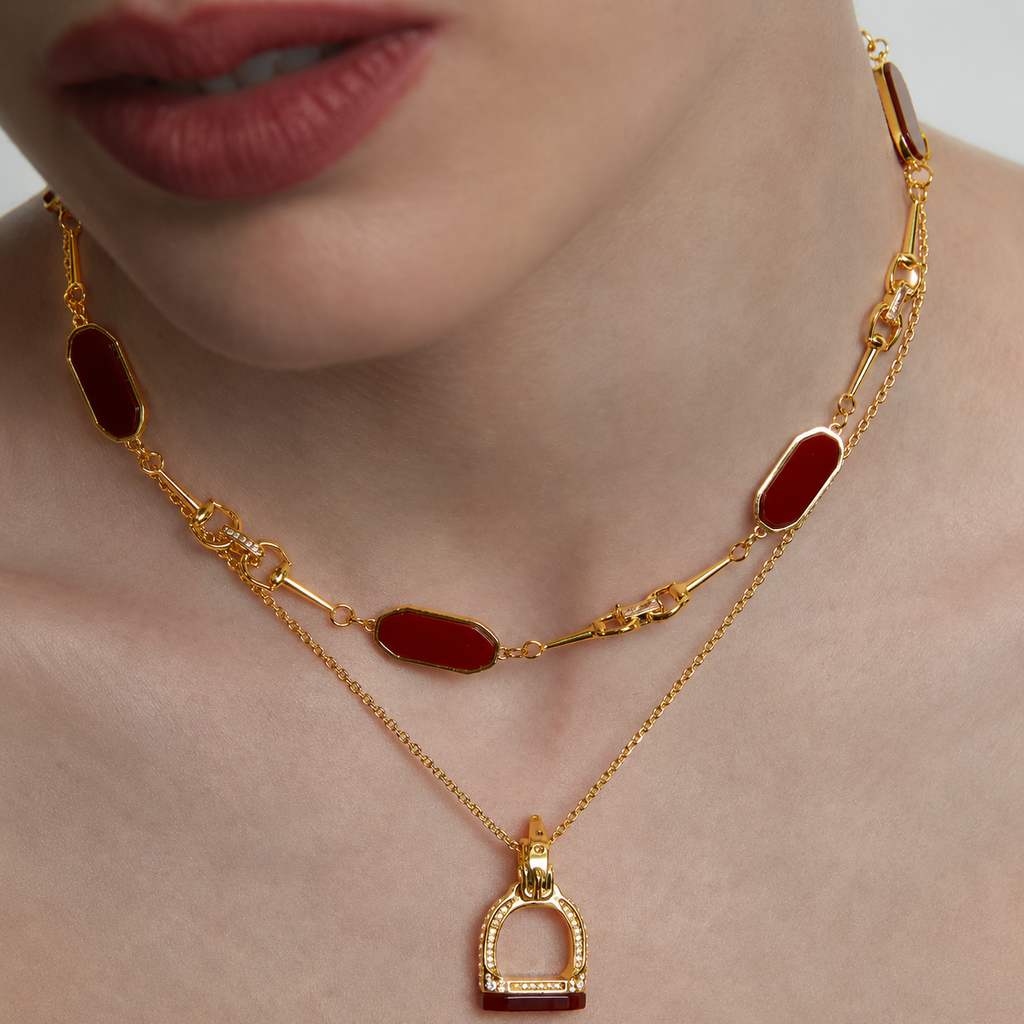 Vintage Red & Green Agate Horsebit Stirrup Layered Necklace Set with Pavé Pendant