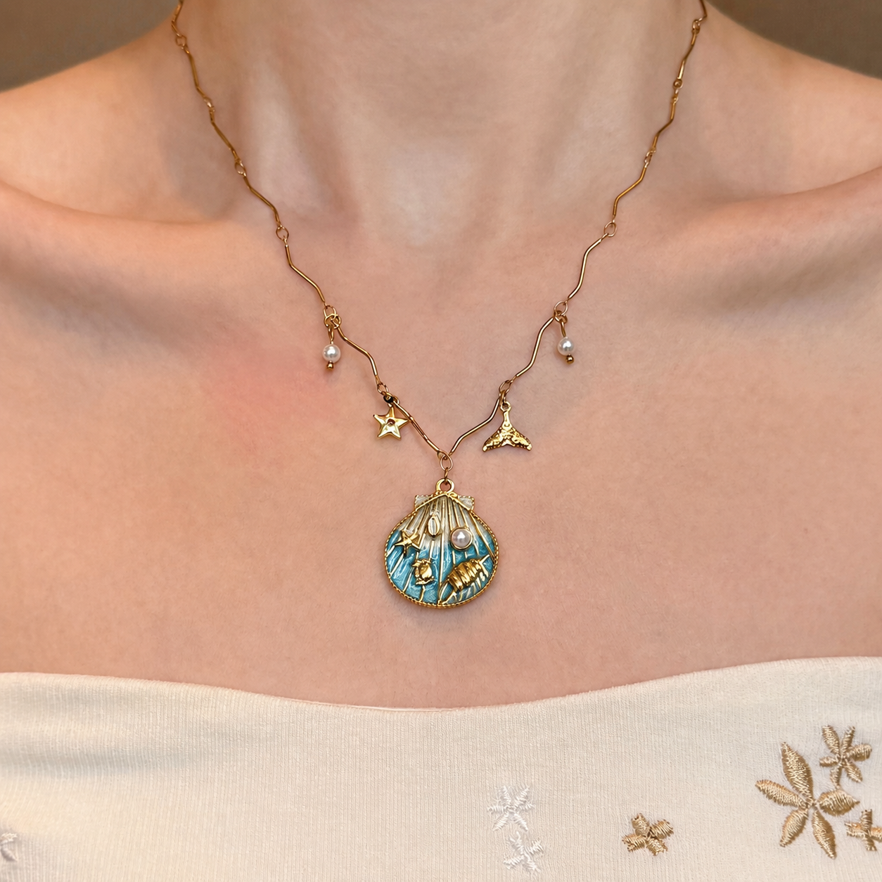 Ocean Star Layered Charm Necklace with Turquoise Beads & Shell Pendant