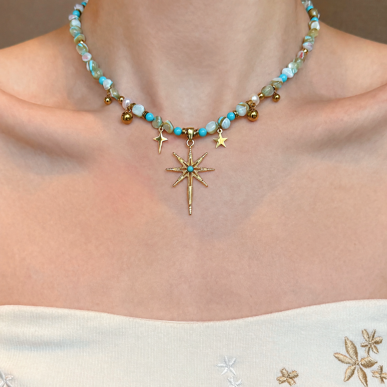 Ocean Star Layered Charm Necklace with Turquoise Beads & Shell Pendant