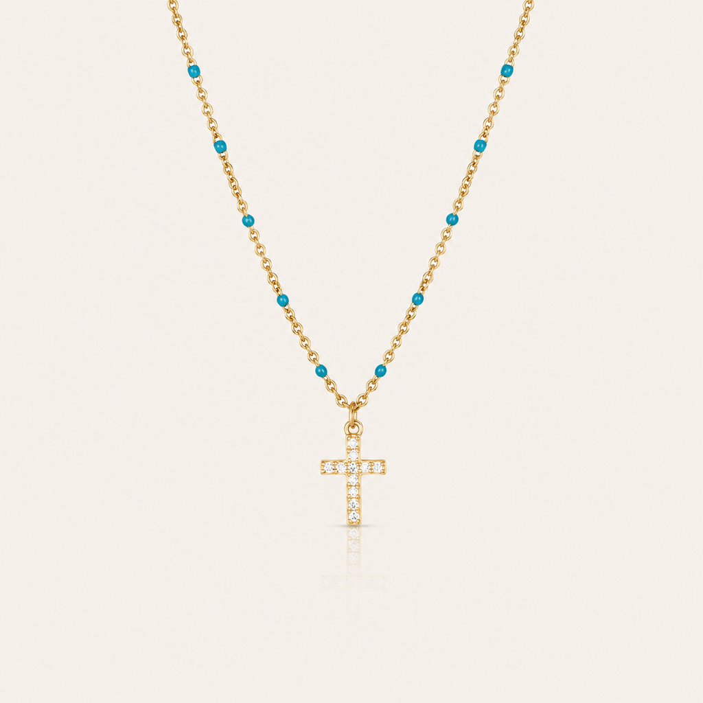 Gold Cross Pendant Necklace with Turquoise Beads – Sparkling Crystal Chain Jewelry