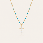 Gold Cross Pendant Necklace with Turquoise Beads – Sparkling Crystal Chain Jewelry