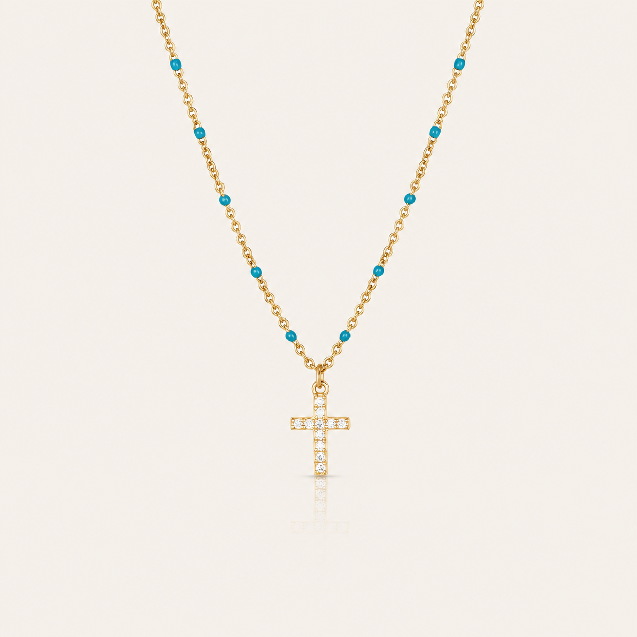 Gold Cross Pendant Necklace with Turquoise Beads – Sparkling Crystal Chain Jewelry
