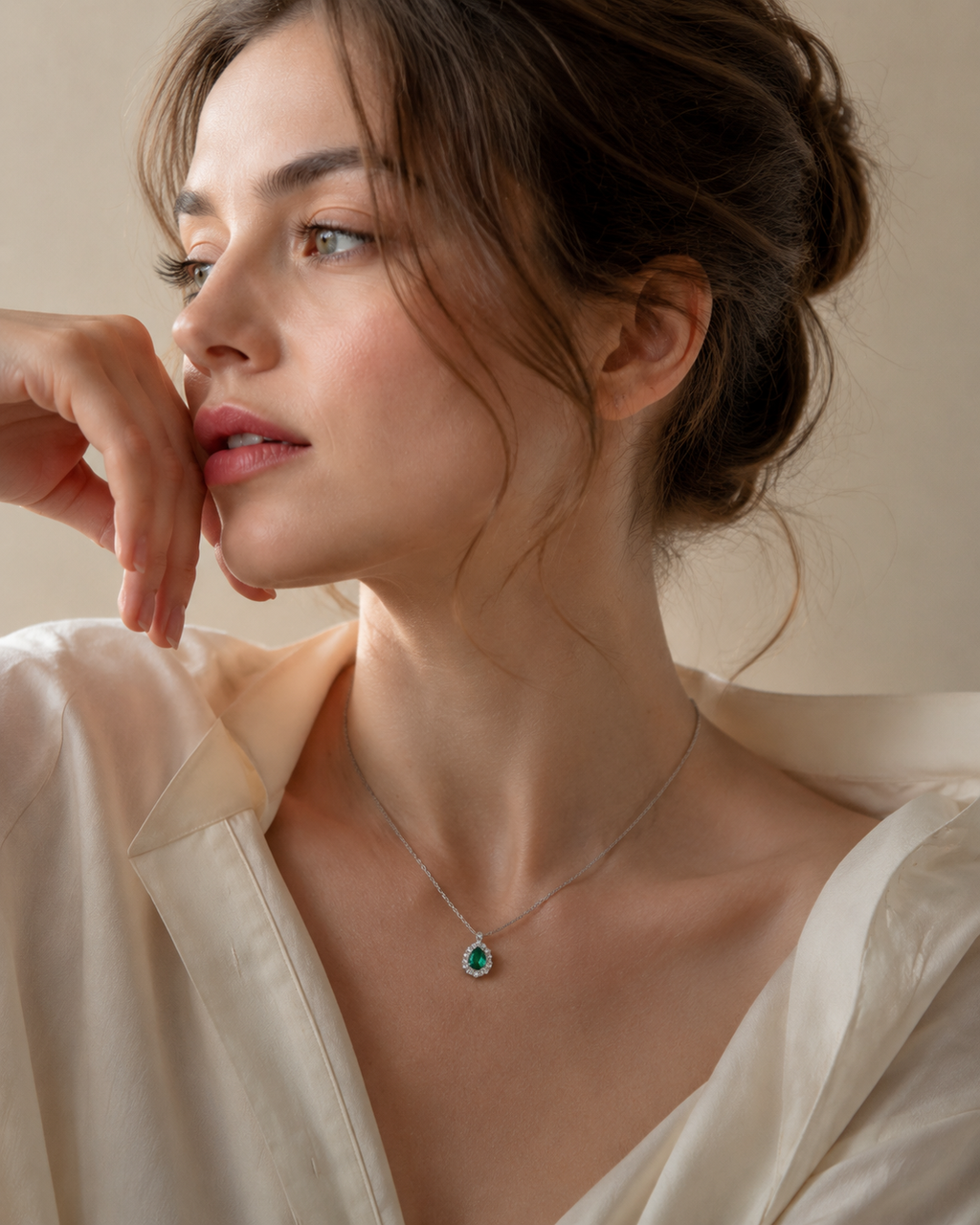 Emerald Halo Pendant Necklace – Round Cut Emerald Center Stone with Double Pavé CZ Surround in Sterling Silver