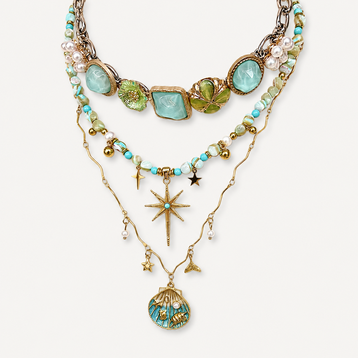 Ocean Star Layered Charm Necklace with Turquoise Beads & Shell Pendant