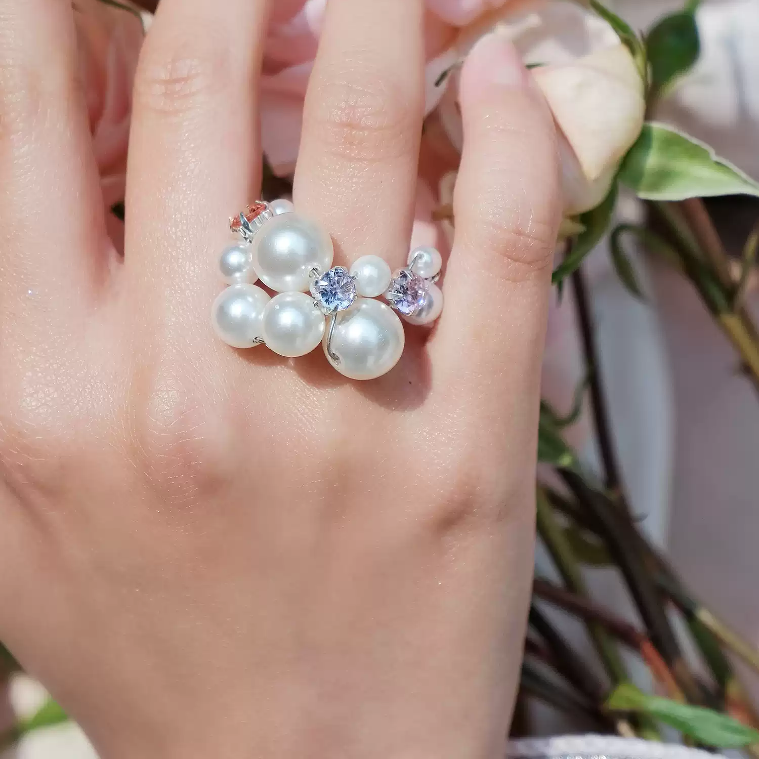 Pearl Crystal Cluster Adjustable Ring with Pastel Zircon Accents