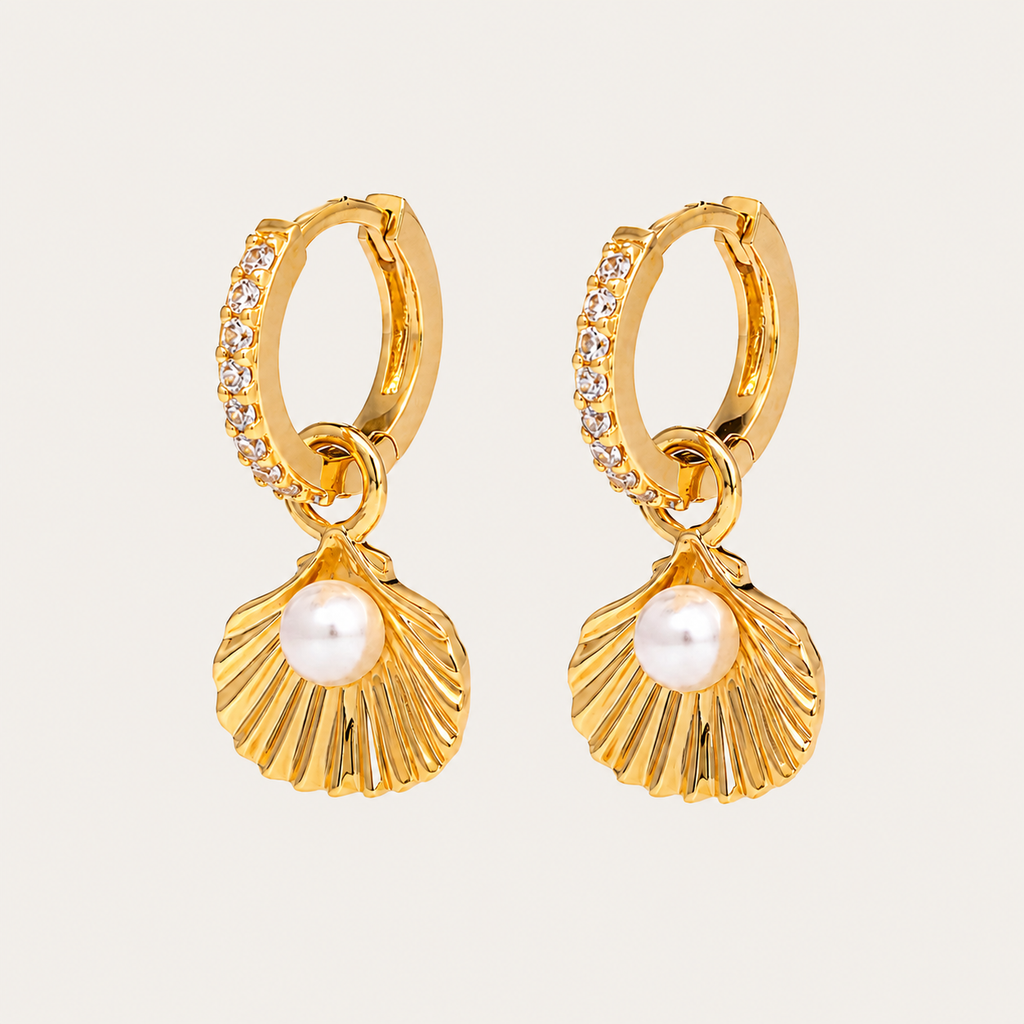 Golden Seashell & Pearl Hoop Earrings – Coastal Elegance Collection