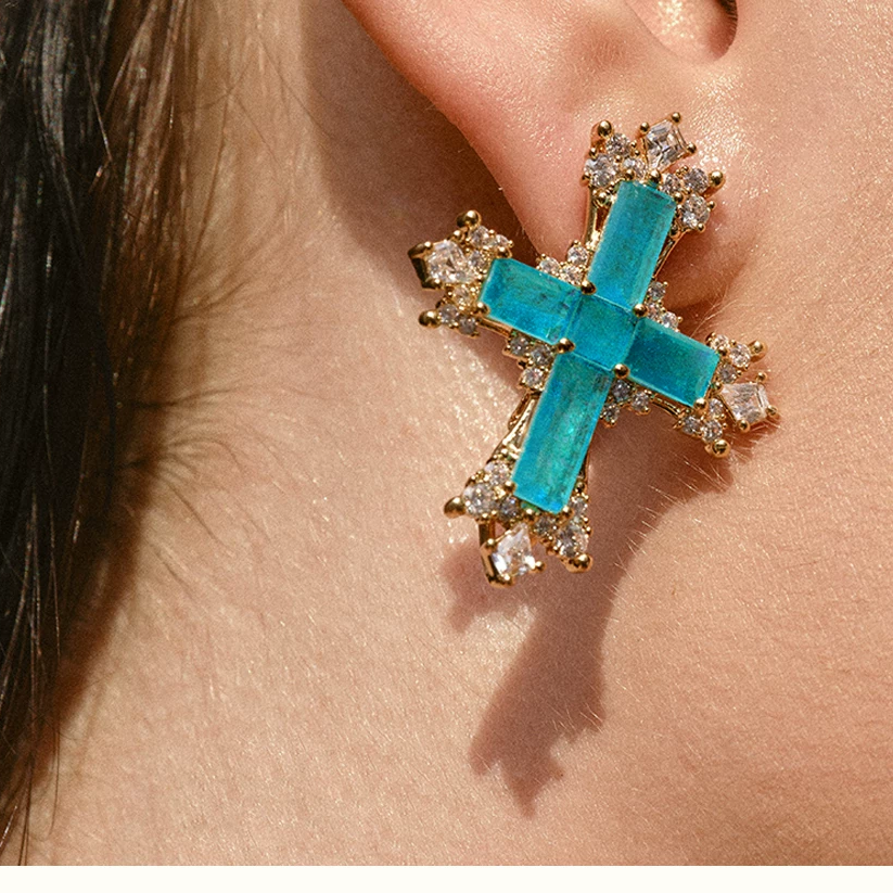 Sparkling Paraiba Cross Statement Earrings with Cubic Zirconia Accents