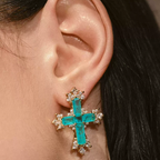 Sparkling Paraiba Cross Statement Earrings with Cubic Zirconia Accents
