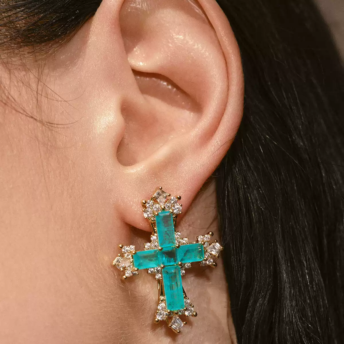 Sparkling Paraiba Cross Statement Earrings with Cubic Zirconia Accents