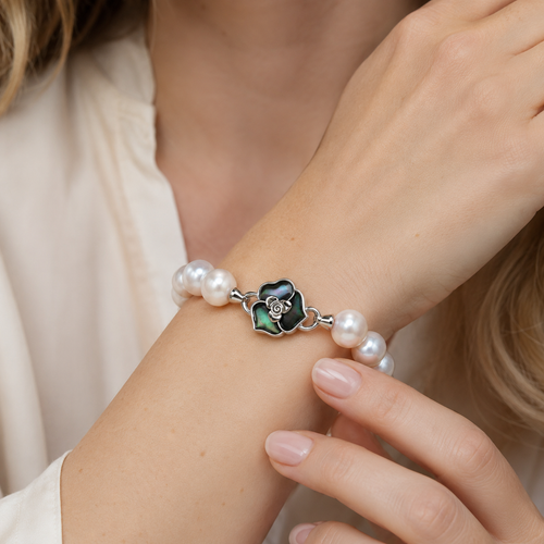 Camellia Flower Pearl Bracelet — 925 Sterling Silver Single Strand Freshwater Pearl Bracelet with Iridescent Abalone Shell Inlay | Elegant Floral Jewelry for Women