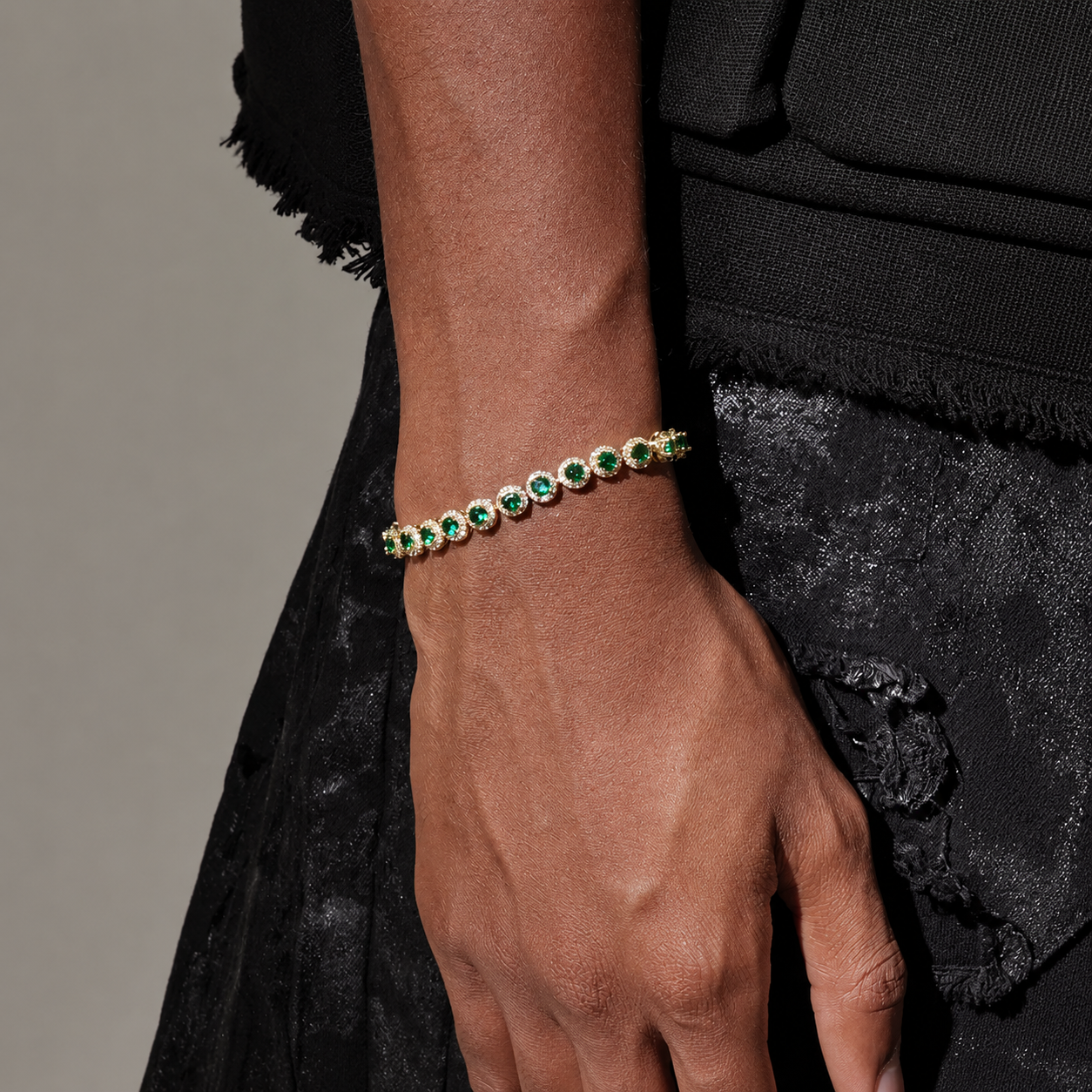 Emerald Green Crystal Tennis Bracelet with Gold-Plated Finish & Sparkling Rhinestone Halo