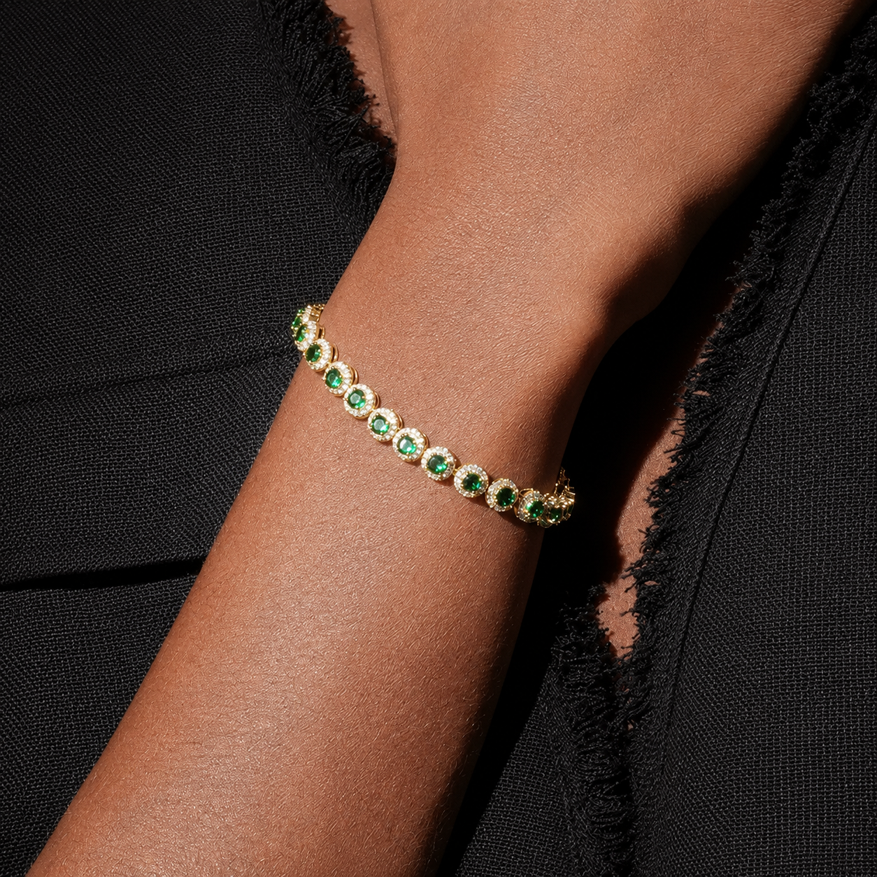 Emerald Green Crystal Tennis Bracelet with Gold-Plated Finish & Sparkling Rhinestone Halo