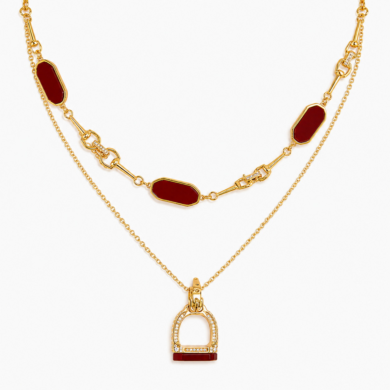 Vintage Red & Green Agate Horsebit Stirrup Layered Necklace Set with Pavé Pendant