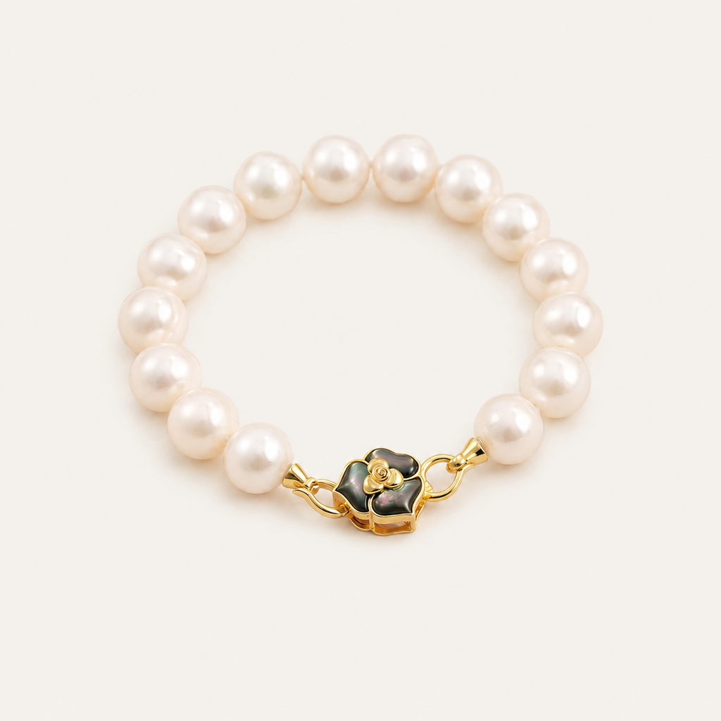 Camellia Flower Pearl Bracelet — 925 Sterling Silver Single Strand Freshwater Pearl Bracelet with Iridescent Abalone Shell Inlay | Elegant Floral Jewelry for Women
