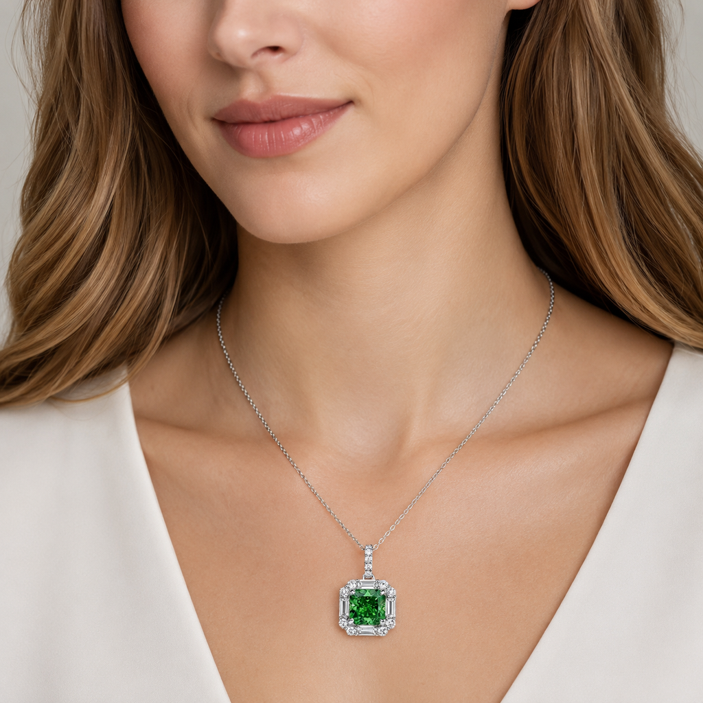 Emerald & Diamond Halo Pendant Necklace in Platinum
