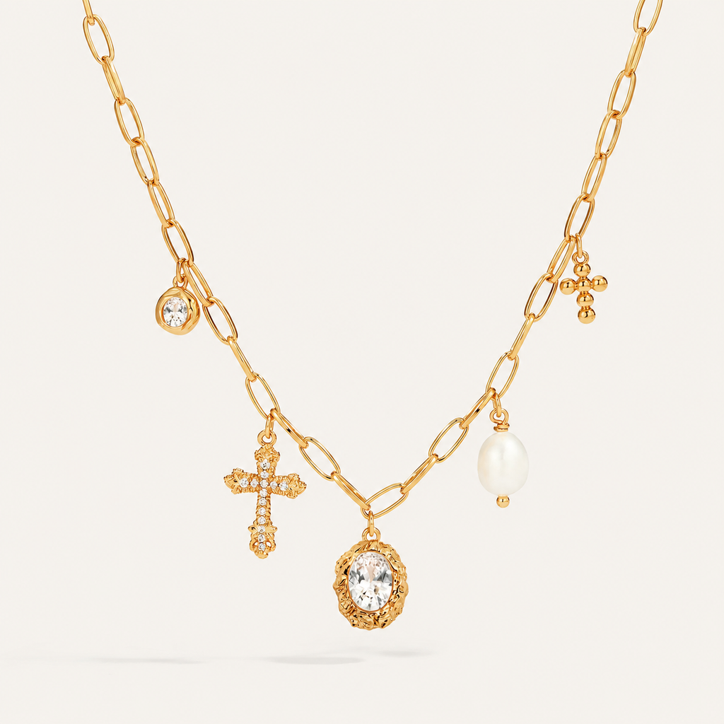Starlight Aura Cross Pearl Charm Necklace