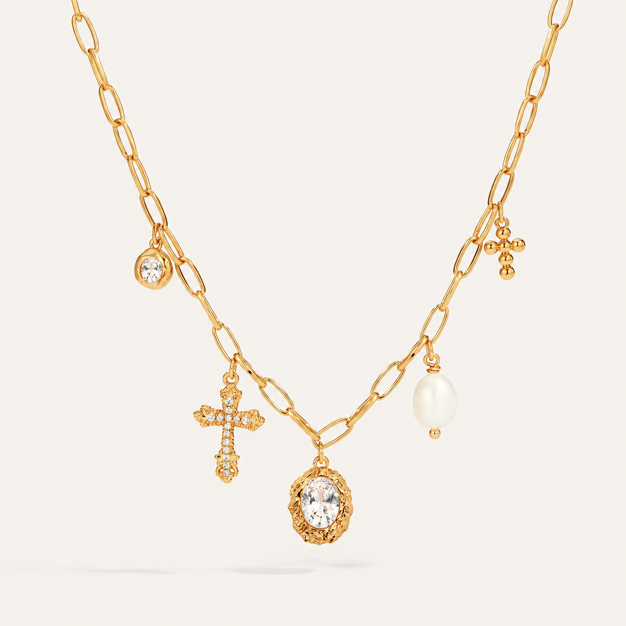 Starlight Aura Cross Pearl Charm Necklace