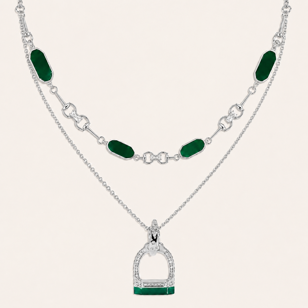 Vintage Red & Green Agate Horsebit Stirrup Layered Necklace Set with Pavé Pendant