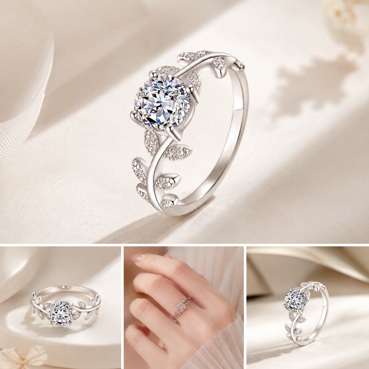 Laurel Branch Moissanite Ring – 925 Sterling Silver Adjustable Leaf Engagement Ring for Women