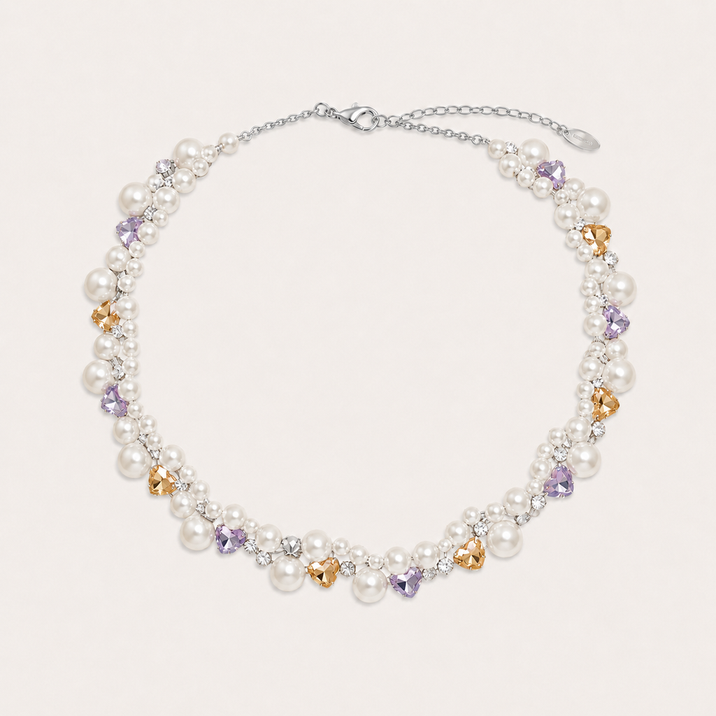 Dreamy Ling Pearl Jewelry Set with Pastel Heart Crystals and Elegant Bead Details