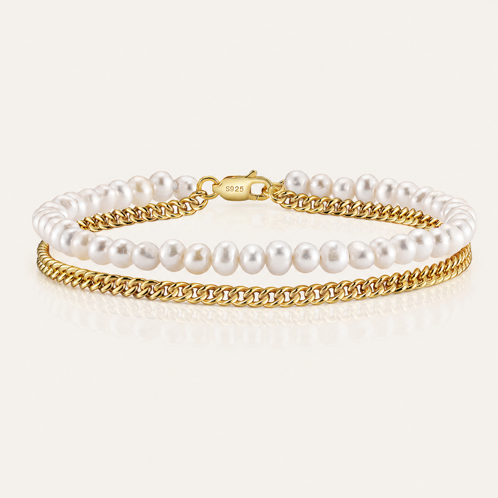 Double Layer Pearl & Gold Cuban Chain Bracelet — S925 Sterling Silver Freshwater Pearl Stacking Bracelet | Modern Luxury Mixed Material Jewelry for Women