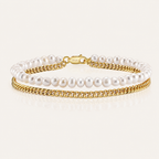 Double Layer Pearl & Gold Cuban Chain Bracelet — S925 Sterling Silver Freshwater Pearl Stacking Bracelet | Modern Luxury Mixed Material Jewelry for Women