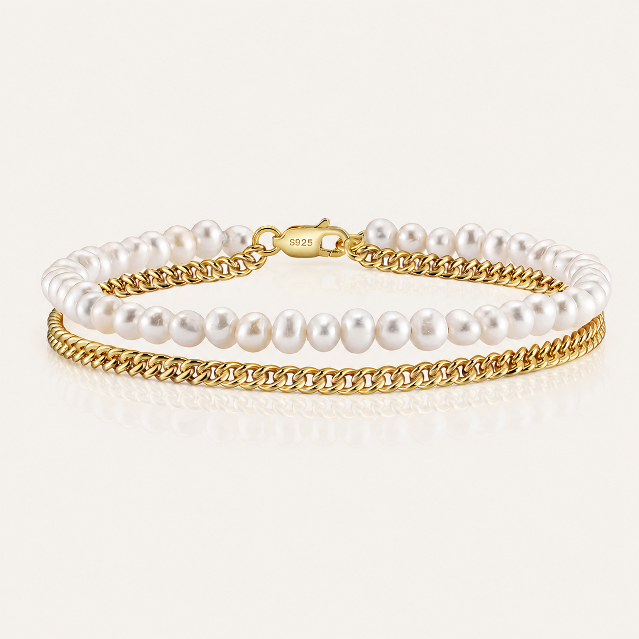 Double Layer Pearl & Gold Cuban Chain Bracelet — S925 Sterling Silver Freshwater Pearl Stacking Bracelet | Modern Luxury Mixed Material Jewelry for Women