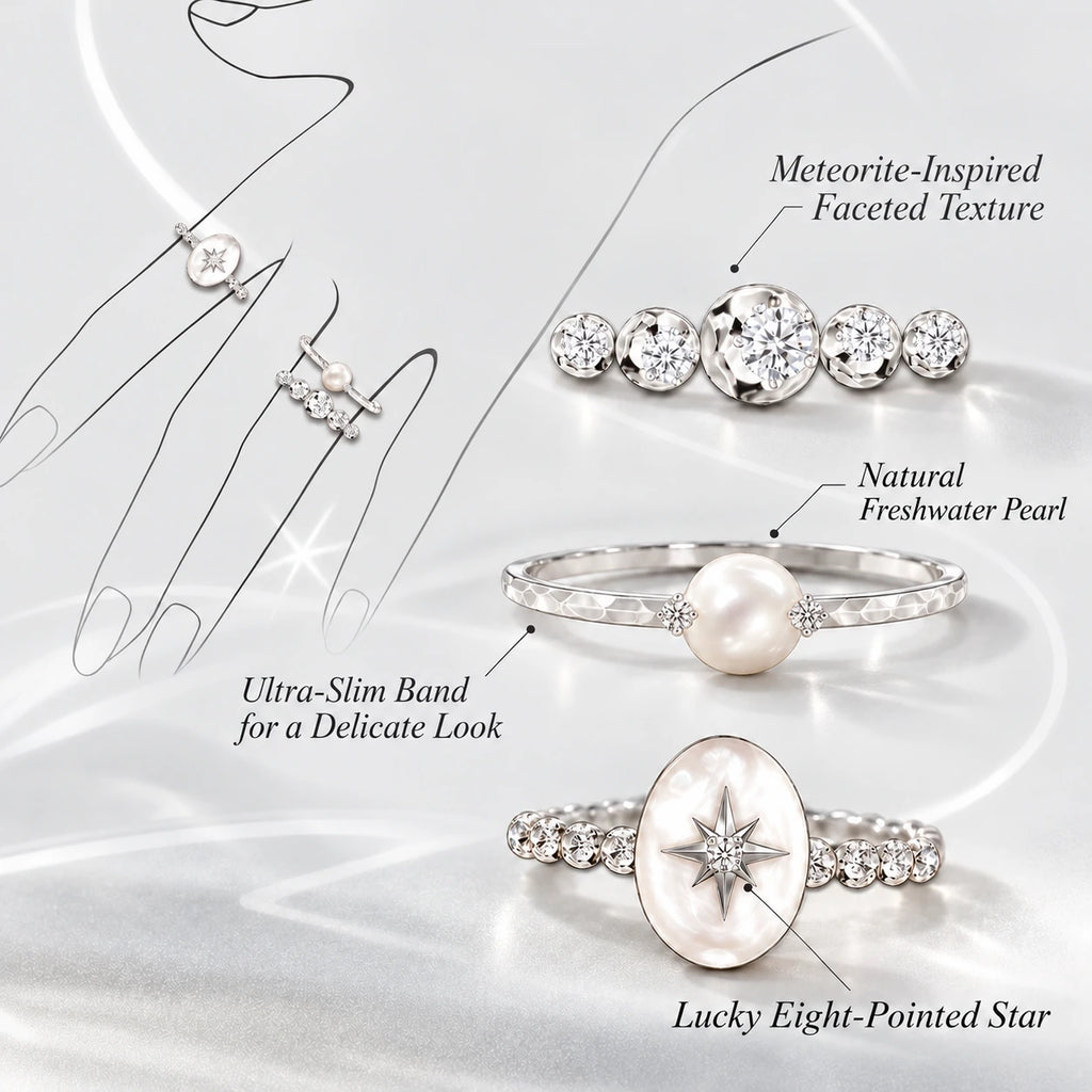 Meteorite Galaxy ring set featuring an eight-pointed star pearl ring, freshwater pearl ring, and sparkling cubic zirconia band.