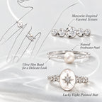 Meteorite Galaxy ring set featuring an eight-pointed star pearl ring, freshwater pearl ring, and sparkling cubic zirconia band.