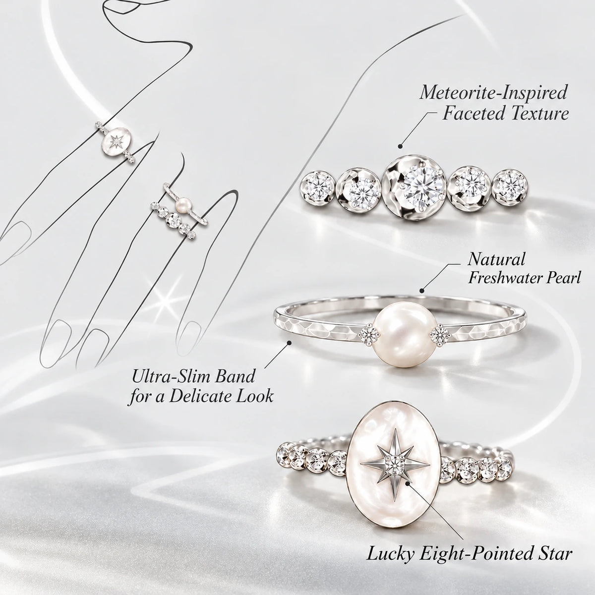 Meteorite Galaxy ring set featuring an eight-pointed star pearl ring, freshwater pearl ring, and sparkling cubic zirconia band.