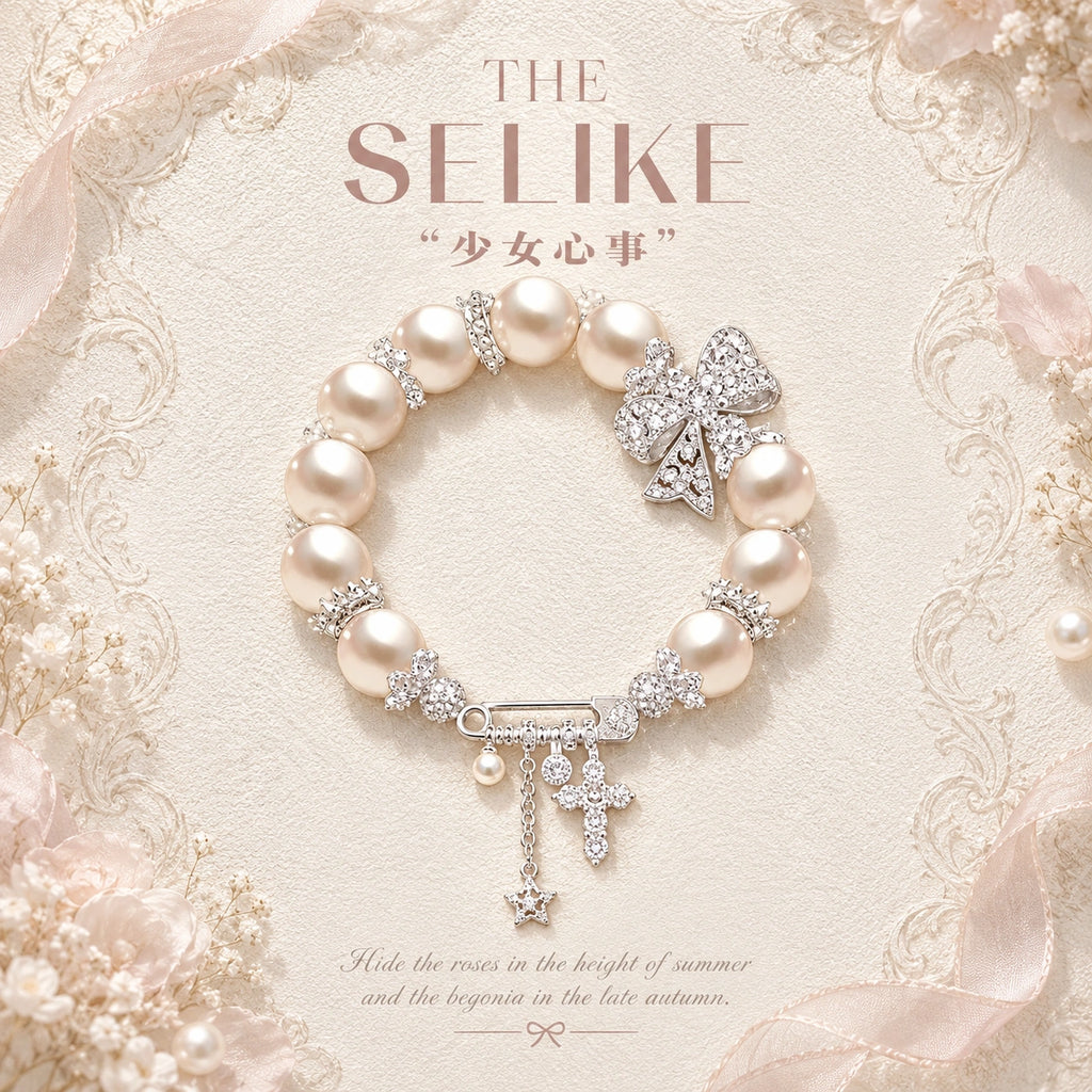 French-Inspired Pearl Bow Charm Bracelet – Crystal Cross & Star Statement Jewelry