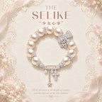 French-Inspired Pearl Bow Charm Bracelet – Crystal Cross & Star Statement Jewelry
