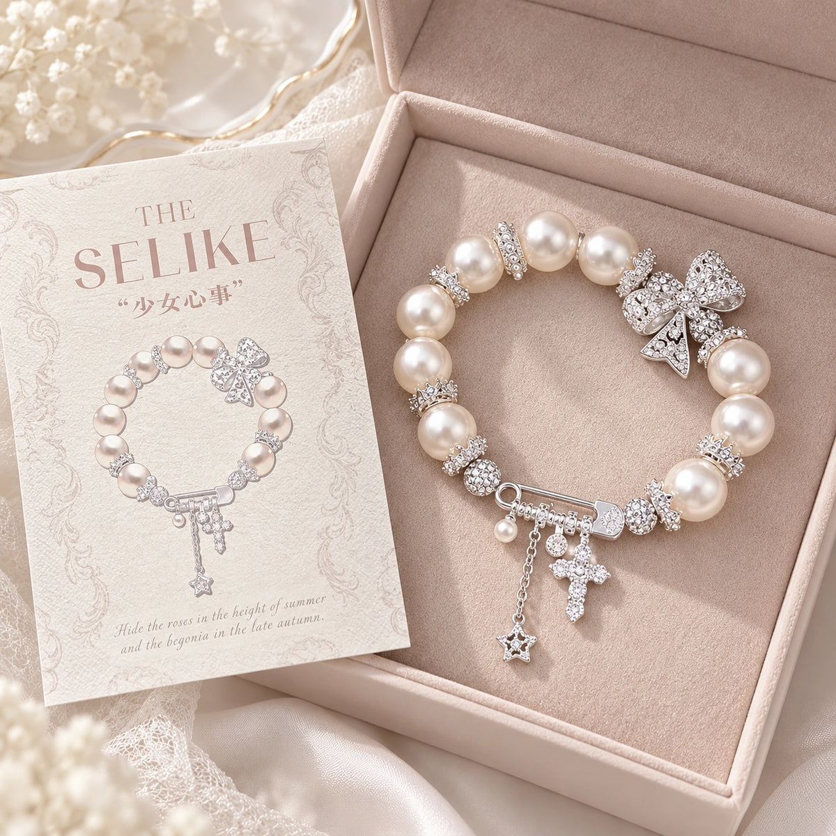French-Inspired Pearl Bow Charm Bracelet – Crystal Cross & Star Statement Jewelry