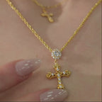 Vintage Gold Cross Pendant Necklace with Sparkling Cubic Zirconia