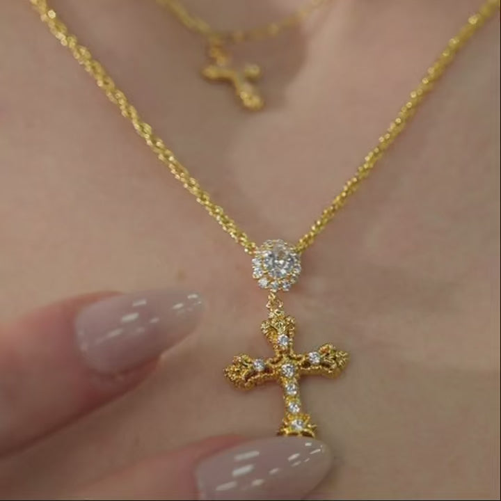 Vintage Gold Cross Pendant Necklace with Sparkling Cubic Zirconia