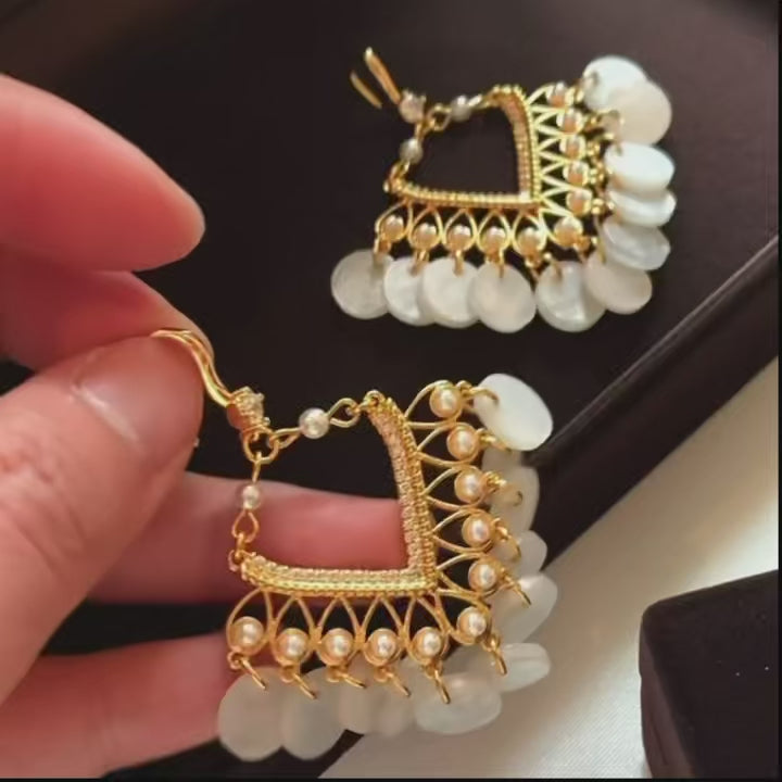 Elegant Vintage Shell Tassel Earrings with Pearl Accents and Sparkling Crystal Details